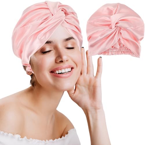 Amabro Adjustable Satin Silk Sleeping Bonnet, Night Sleep Cap Turban Large Silk Satin Hair wrap Pink Double-Layer Bonnet Braid Bonnet Women Girls Night bonnets for Natural Curly Hair