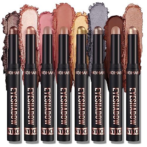 LANGMANNI Eyeshadow Stick,8 PCS Soft Smooth Cream Eyeshadow Stick Gift Set,Matte Earth Color+Bright Metal Color Contour Stick,Waterproof & Long-Lasting Eyeshadow Stick (#B)