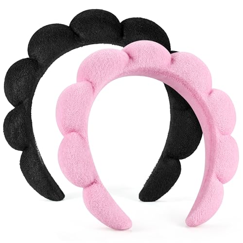 Spa Headbands for Washing Face or Facial, Set of 2 Skincare Headbands, Terry Cloth Headband Combo Pack – Puffy Makeup Headbands for Face Washing, Mask, Skin Treatment (Pink & Black)