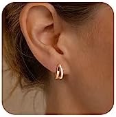 Chunky Gold Hoop Earrings for Women, Trendy 14K Gold Plated Gold/Silver Chunky Hoop Earrings Small Thick Oval Open Double Hoop Earrings Hypoallergenic Lightweight Earrings for Women Girls Gold Jewelry