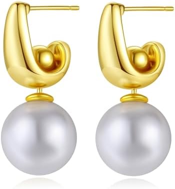 PICKBEAU Fashion Letter D Gold Silver Hoop Earrings for Women Pearl Stud Earring, 2-Way Wearing Pearl Earring Studs Luxury D-Shape Huggie Drop Light Jewelry Gifts