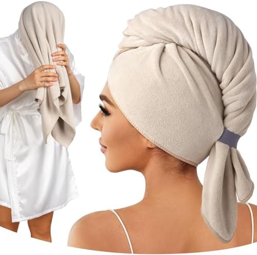 Umisleep 100% Microfiber Hair Towel, 41″ x 22″ Super Absorbent Hair Care Towel, Ultra Soft Hair Towel Wrap with Elastic Loop, Large Curly Hair Towel for Women Long, Thick Hair, Camel