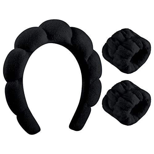 Sponge Spa Headband for Women, Black Makeup Headband and Wrist Washband Set for Face Washing, Skincare, Shower, Makeup Removal