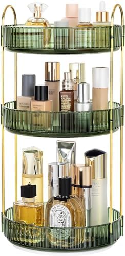 Vorey 360 Rotating Makeup Organizer Countertop 3 Tier Bathroom Organizer Spinning Perfume Organizers, Skincare Organizers Makeup Carousel Cosmetic Brush Storage for Vanity, Countertop, Green