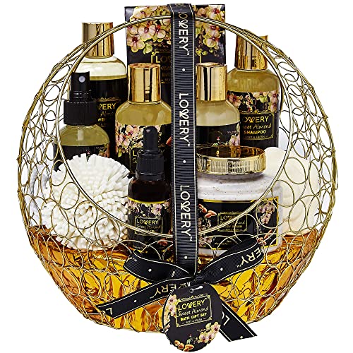 Mothers Day Gifts for Wife, Gift Baskets for Women, Bath and Body for Men, Sweet Almond Home Spa Set with Fragrant Body Lotions, Bath Bombs, Gold Candy Dish & Much More, 11pc Set, Care Package for Mom