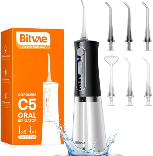 Bitvae Water Dental Flosser for Teeth, Cordless Water Teeth Cleaner Picks, 3 Modes 5 Intensities, IPX7 Waterproof Water Flosser, 6 Tips Rechargeable Water Dental Picks for Cleaning – Black