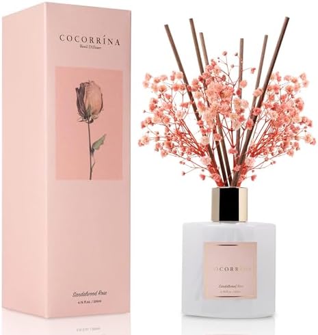 Cocorrína Premium Reed Diffuser Set with Preserved Baby’s Breath & Cotton Stick Sandalwood Rose | 6.7oz Scent Fragrance Oil Diffuser for Bedroom Bathroom Home Décor