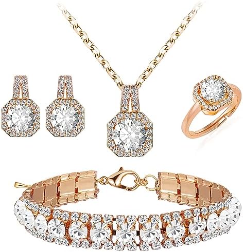 4pcs Cubic Zirconia Wedding Jewelry Sets for Bride Bridesmaid Cubic Zirconia Pendant Necklace Earrings Link Tennis Bracelet Open Ring Set for Women Birthday/Valentine’s Day/Mother’s Day/Christmas
