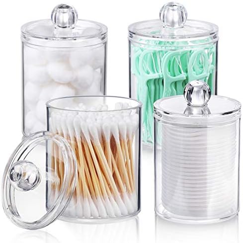 4 PACK Qtip Holder Dispenser for Cotton Ball, Cotton Swab, Cotton Round Pads, Floss Picks – Small Clear Plastic Apothecary Jar Set for Bathroom Canister Storage Organization, Vanity Makeup Organizer