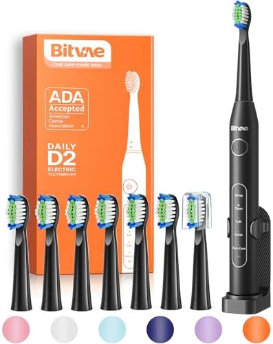 Bitvae Electric Toothbrush for Adults – Ultrasonic Electric Toothbrushes with 8 Brush Heads, ADA Accepted Power Rechargeable Toothbrush with 5 Modes, Smart Timer, Black D2