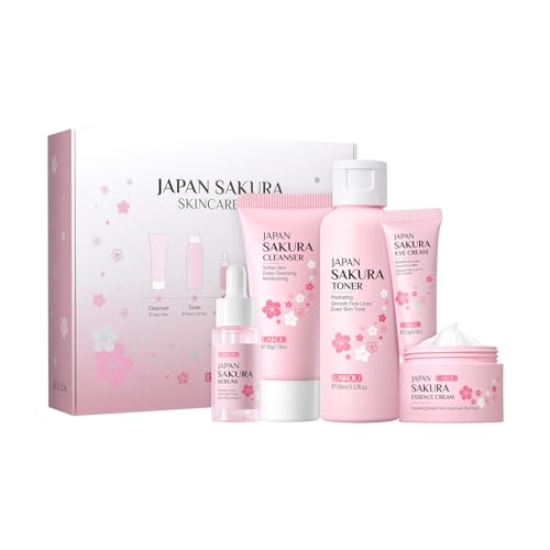 Skin Care Set JAPAN SAKURA Women Beauty Gift Sets Skin Care Kit with Cleanser, Toner, Serum, Eye Cream, Face Cream Travel Kit for Women Teen Girls Mom Daughter Birthday TSA-friendly Sizes 5pcs