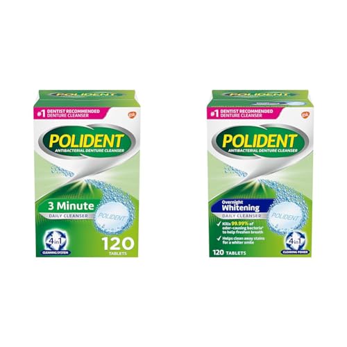 Polident 3 Minute Denture Cleanser Tablets – 120 Count & Overnight Whitening Denture Cleanser Tablets – 120 Count