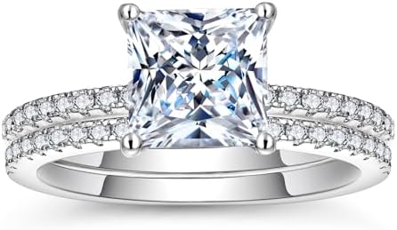 WES (Total 2.336cttw 2ct Center Moissanite Engagement Rings Wedding Band D Color Lab Diamond Gold Plated Silver Shaped Princess Cut Halo Engagement Wedding Ring Set For Women With Certificate