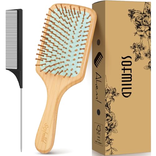 Hair Brush-Sofmild Natural Bamboo Wood Paddle Detangle Brush&Teasing Edge Hairbrush Set for Women Men Massaging Scalp Brushing Curly Straight Dry Hair Care Daily