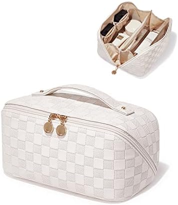 EACHY Travel Makeup Bag,Large Capacity Cosmetic Bags for Women,Waterproof Portable Pouch Open Flat Toiletry Bag Make up Organizer with Divider and Handle